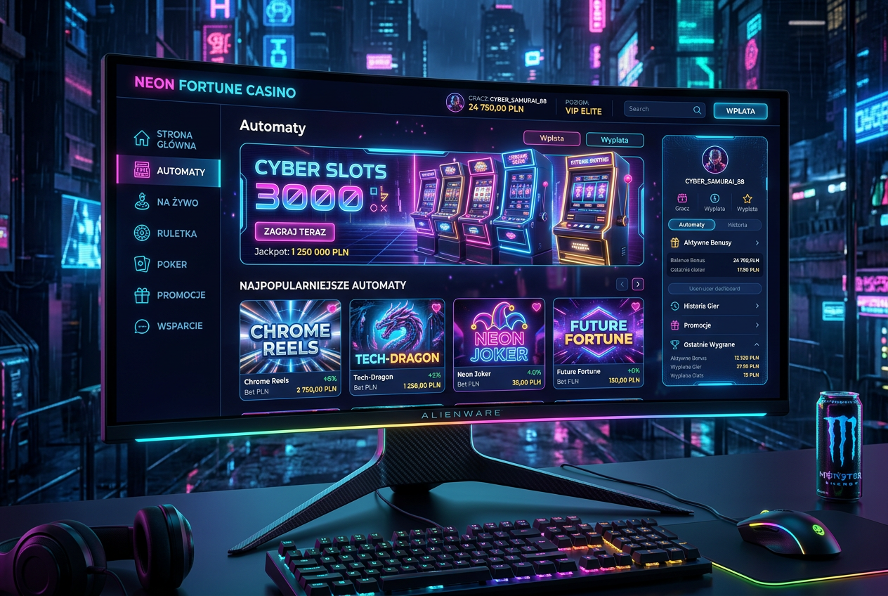 Modern and futuristic online casino interface with slot games and bonus dashboard
