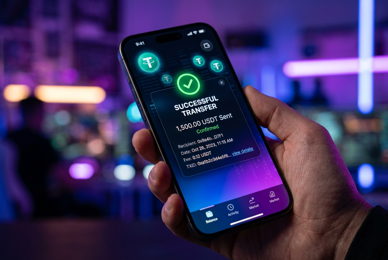 Smartfon wyświetlający potwierdzenie transakcji kryptowalutowej USDT do kasyna online w ciemnym motywie graficznym