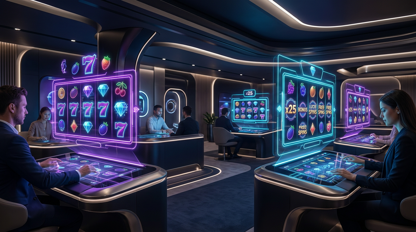 Futuristic digital casino hall with holographic slot machines in 2026