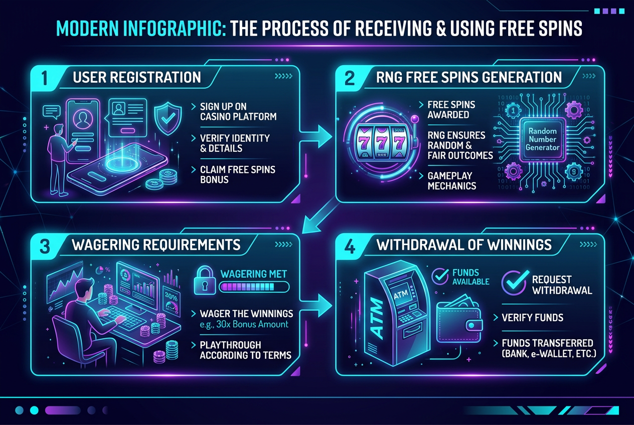 Modern infographic showing the process of receiving free spins from registration to wagering and withdrawal