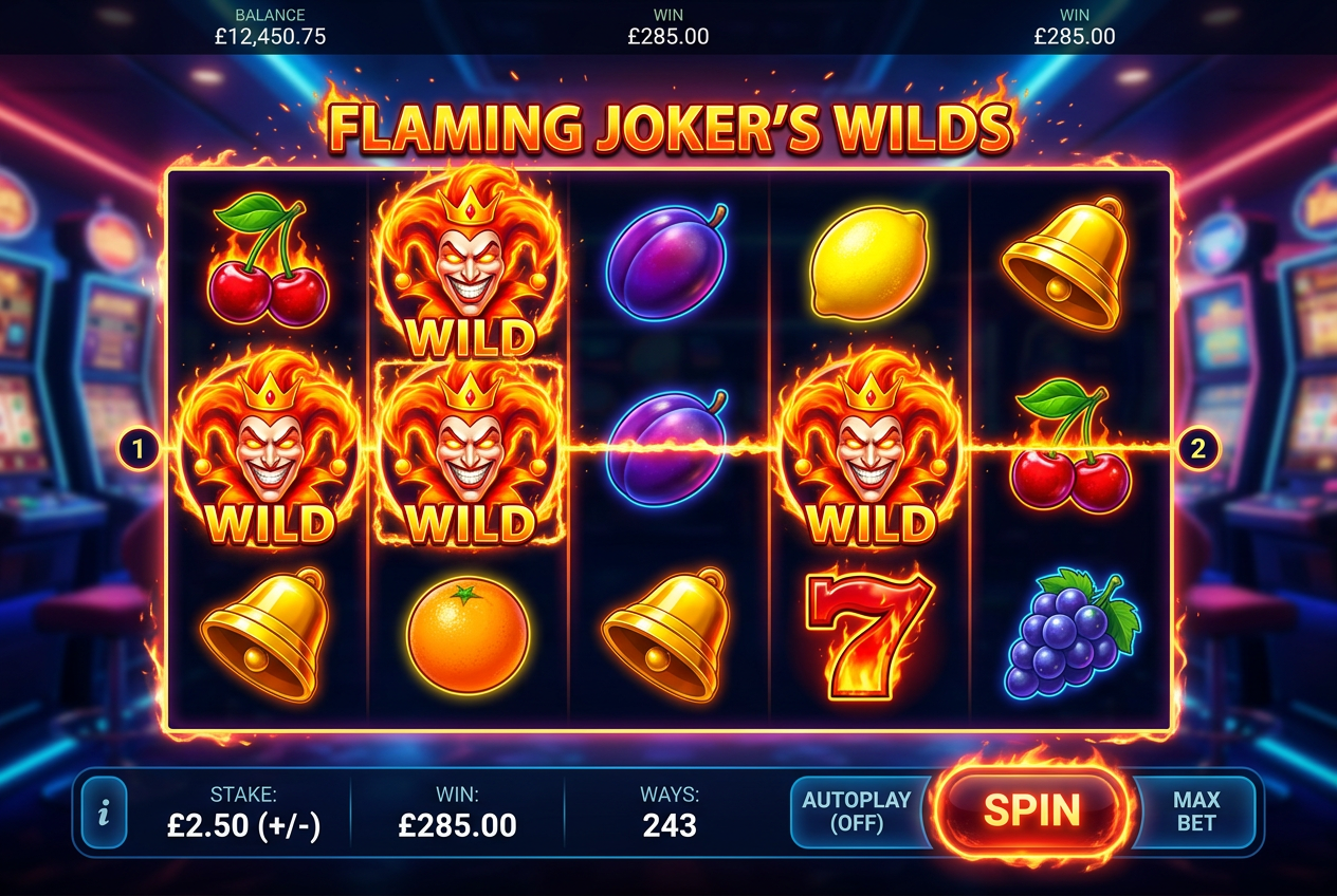 Gameplay screenshot of Joker Stoker digital slot machine with flaming joker symbols