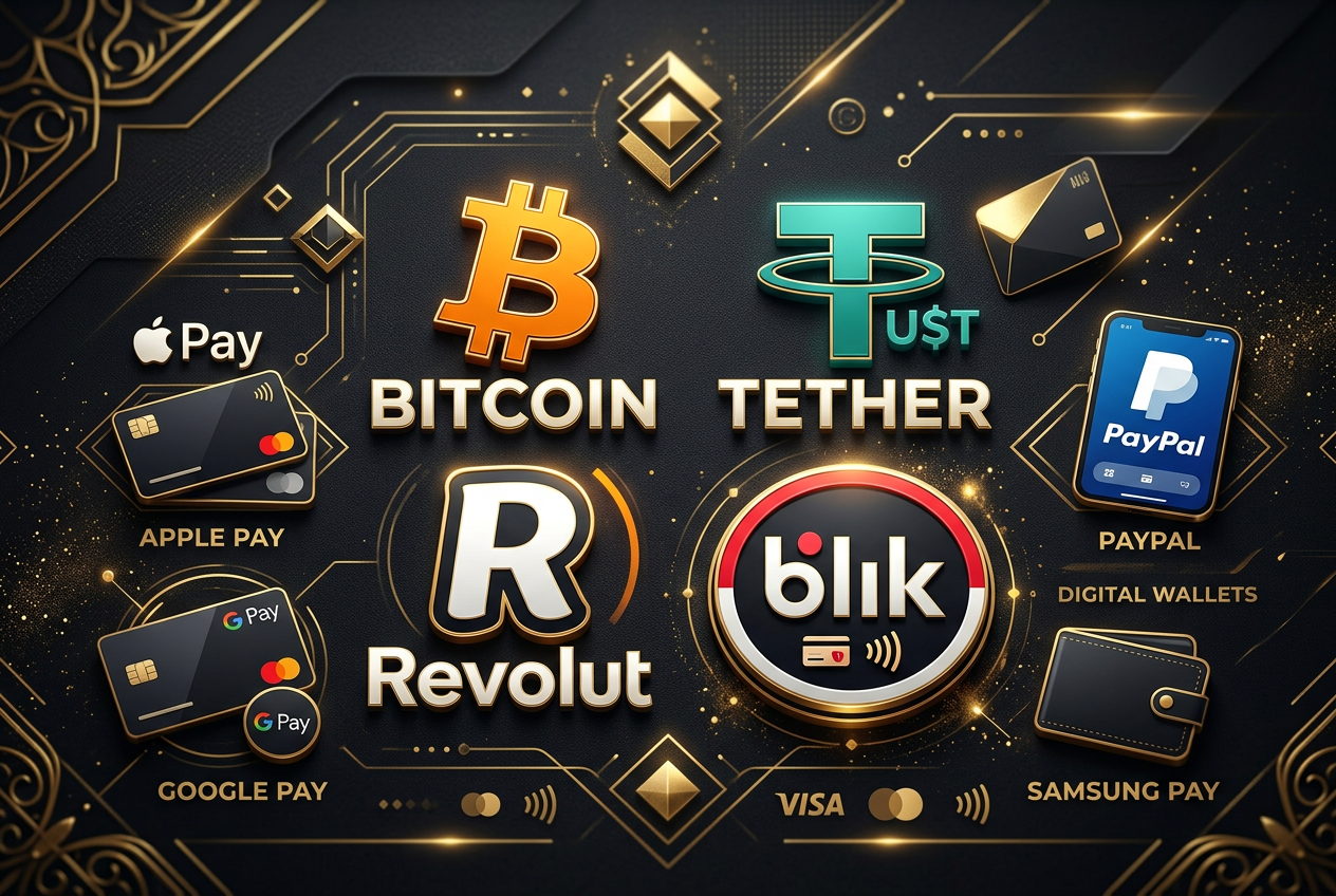 Selection of payment methods icons like BLIK and Crypto on a dark background