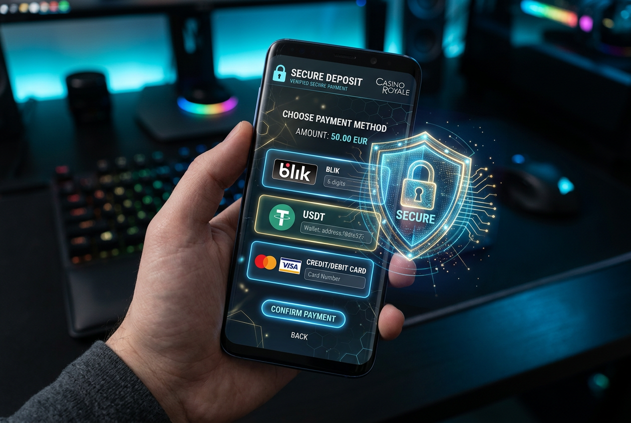 Modern payment methods icons including BLIK, Tether USDT and Skrill for online casino deposits